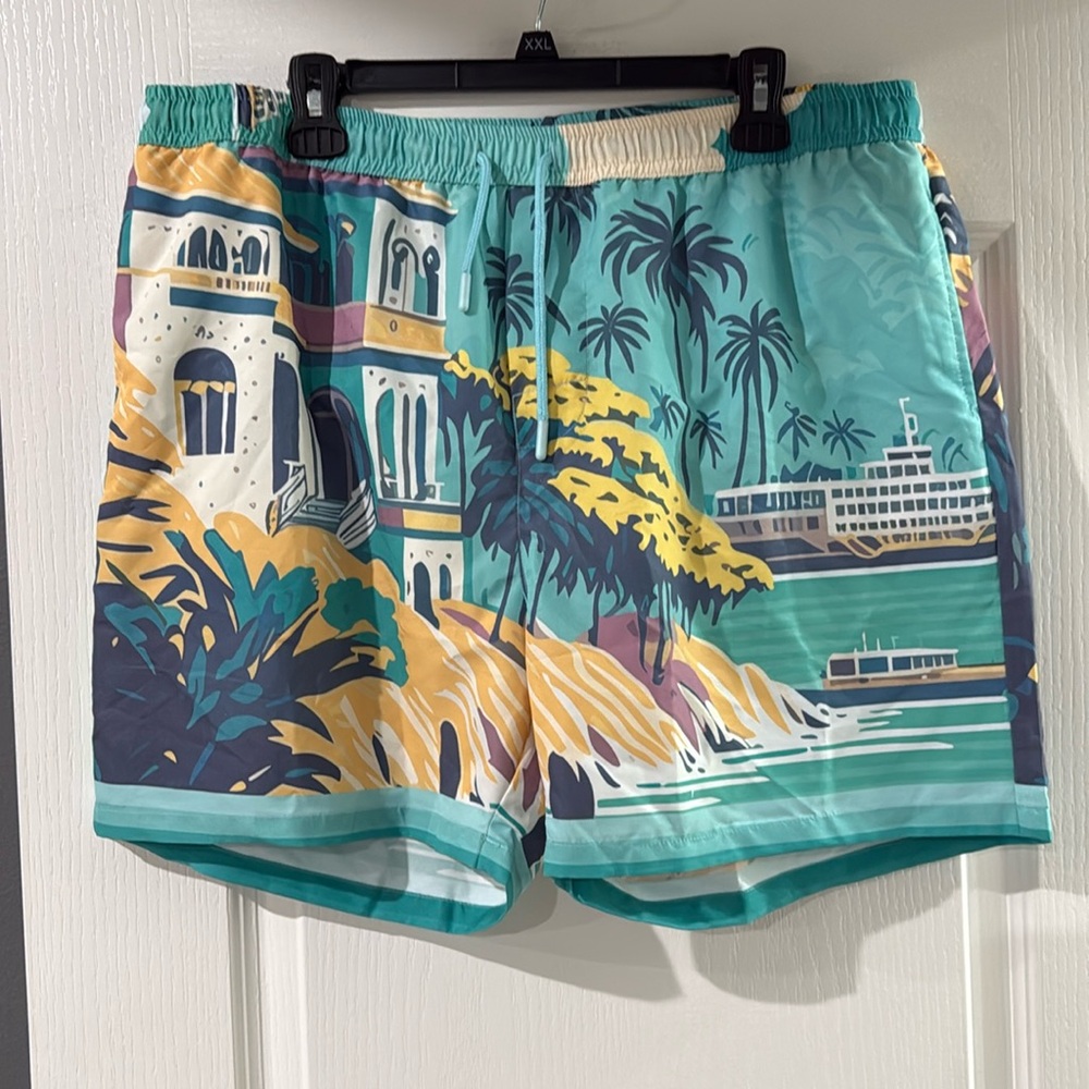 Boohoo Man Swim Trunks - Teal with Cruise ship and‎ Villa print 3XL